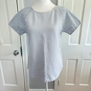 J Crew Womens S Lilac Lace Crochet Short Sleeve Cotton Blend Zip Back Top